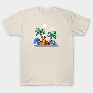 Beach Summer, Sand Castle And Coconut Trees Cartoon T-Shirt